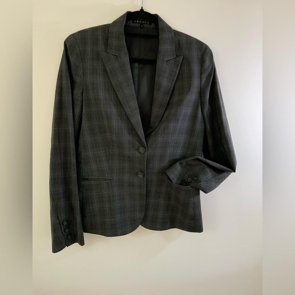 Theory Dark Gray Plaid Tailored Blazer